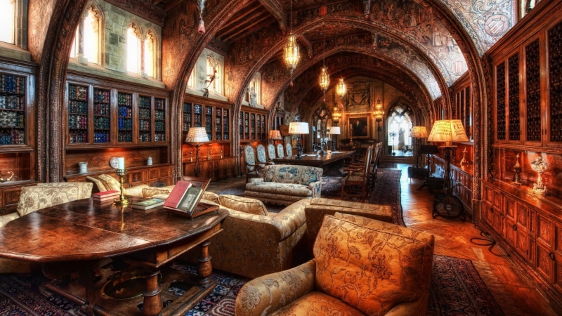 window, wooden, table, brown, indoors, hearst castle, candle, building, 1080P, illuminated, electric lamp, USA, top, library, book, lighting equipment