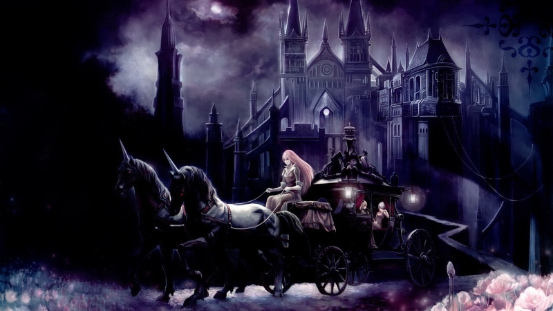 castles, video, horses, unicorn, dark, clouds, hd, Video Games, night, flowers, animals, 2K, moon, art, touhou, brunettes, games, landscapes, dress