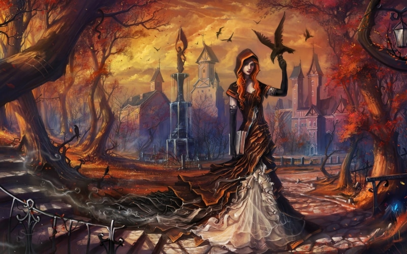 birds, females, raven, dark, seasons, creepy, fantasy, spooky, girls, trees, witch, halloween, gothic, fall, 1080P, women, buildings, artistic, autumn