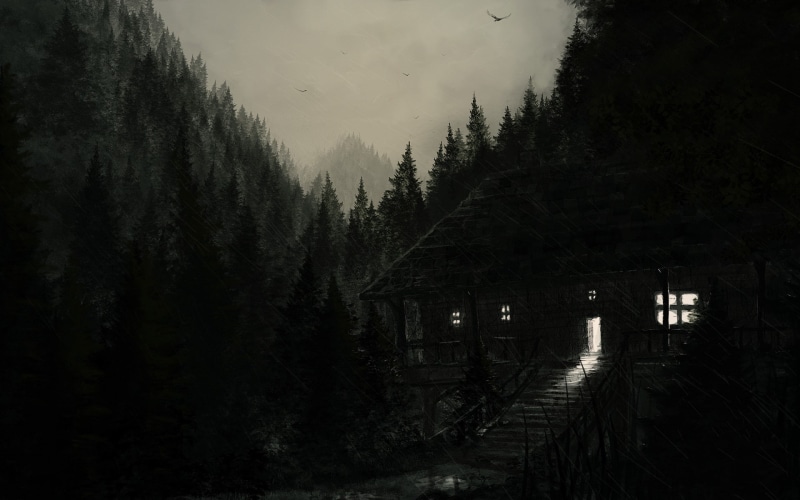 buildings, houses, spooky, architecture, halloween, creepy, dark, forest, seasonal, trees, cabin, landscapes, haunted, 1080P, night, lights, artistic
