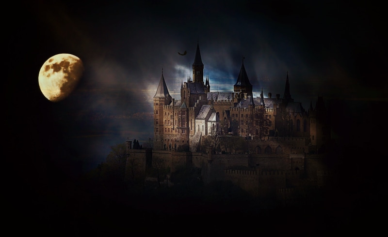 light, castle, germany, mysticism, weird, creepy, dark, religion, spirituality, dusk, hohenzollern castle, nature, darkness, mysterious, gloomy, bat, photo