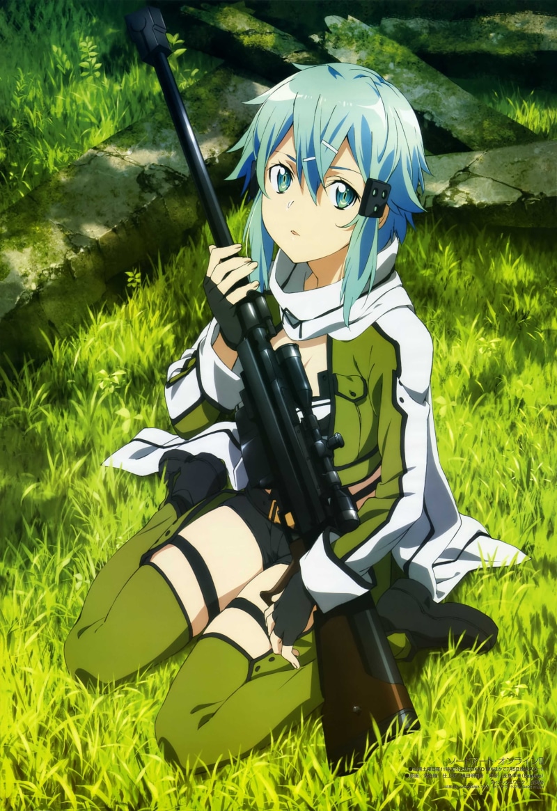 sunlight, girl, representation, plant, sitting, rifle, grass, clothing, sport, helmet, Sinon (Sword Art Online), green color, outdoors, illustration, human representation