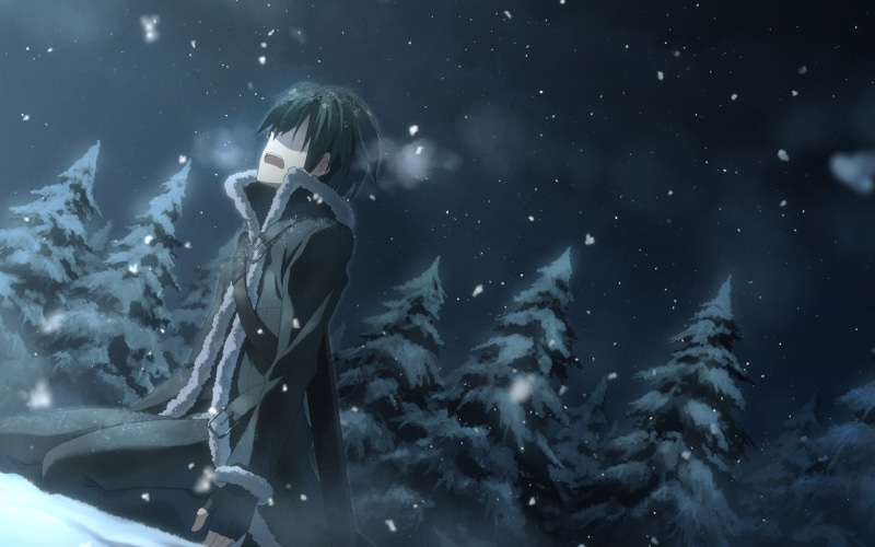 man, standing, digital composite, women, 1080P, one person, anime, side view, kun, real people, sao, looking, kirito, snow, young women, winter, star - space