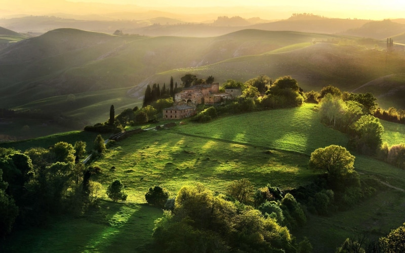 tranquil scene, outdoors, environment, green color, field, idyllic, green, tranquility, beauty in nature, sunlight, plant, landscape, tree, non-urban scene