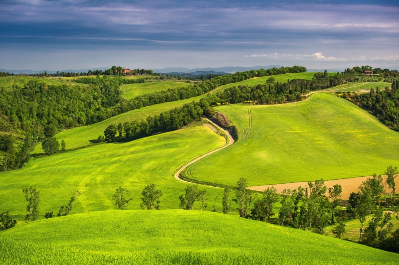 mountains, Italy, houses, 4K, clouds, trees, forest, fields, field, green, sky, horizon, Tuscany, roads, grass, hills