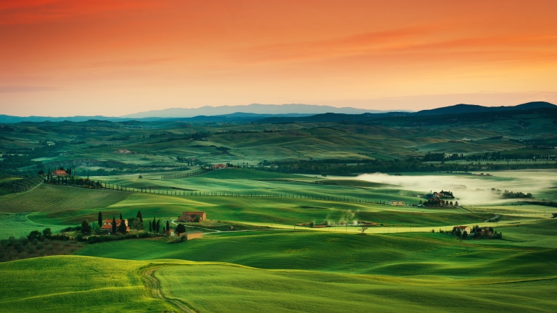 8k, village, landscape, grass, 8K, sunset, green, Italy, Tuscany, sky, 5k, field