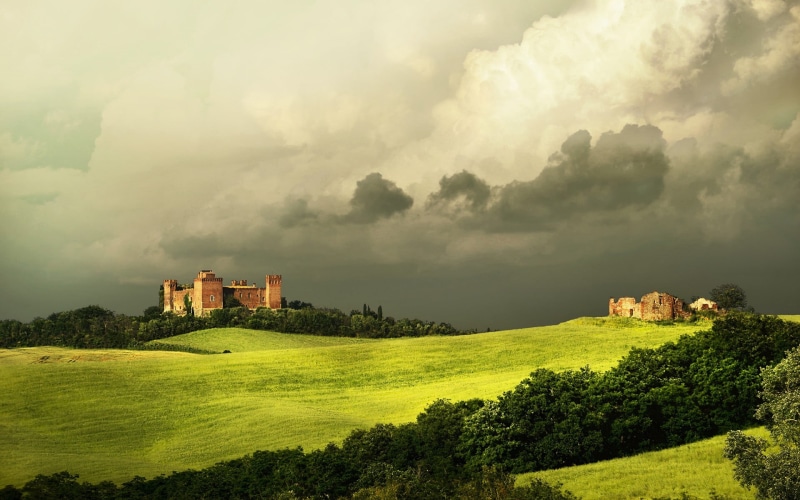 beauty in nature, 1080P, scenics - nature, no people, cloud - sky, day, plant, tranquil scene, grass, ancient, tree, building exterior, green color, brown