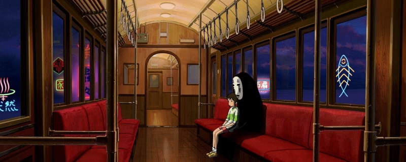adult, fashion, nightlife, built structure, waiting, indoors, illuminated, Hayao Miyazaki, standing, Chihiro, real people, red, anime, one person, women
