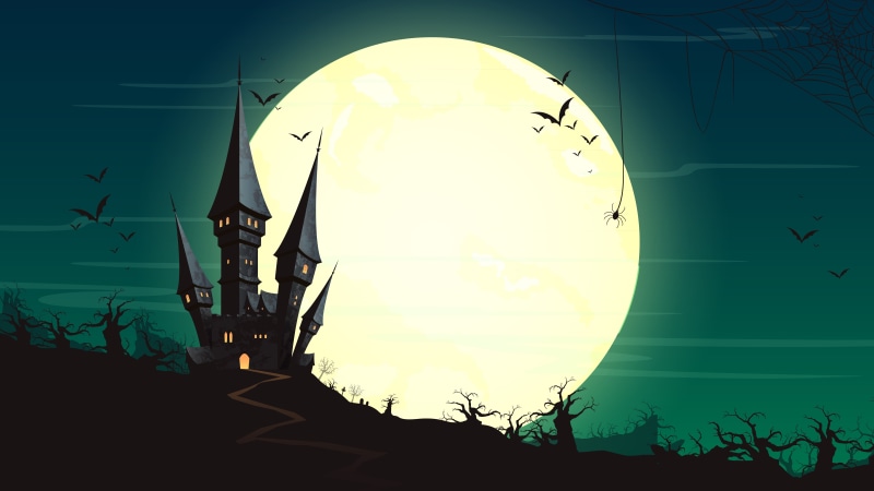 darkness, art, 8K, full moon, plant, geometric shape, electricity, built structure, illustration, day, sunlight, castle, halloween night, bats, architecture