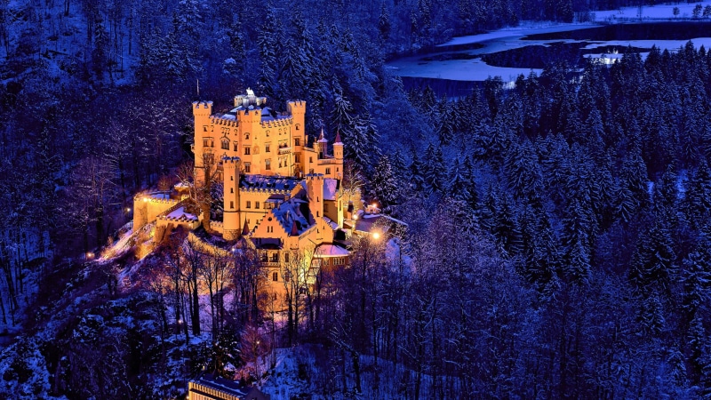 sky, germany, snow, evening, europe, alps, castle, tourist attraction, 4K, hohenschwangau castle, schwangau, winter, forest, bavaria, night, landmark