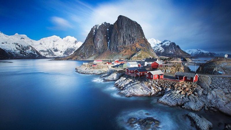 mountainous landforms, hamnoy, fell, sky, 1080P, landscape, rock, lake, winter, mountain, glacial landform, mount scenery, europe, norway, fjord, mountain range