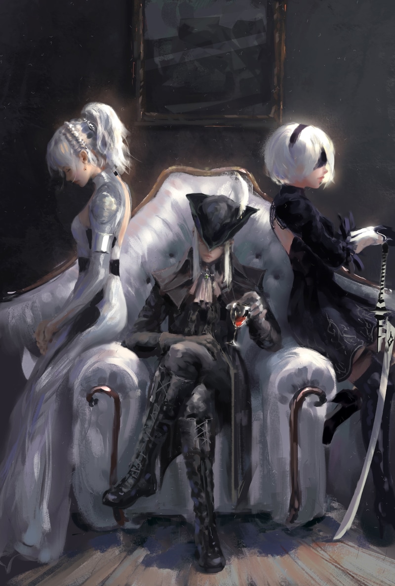 human representation, statue, mode of transportation, Yin, metal, couch, WLOP, domestic animals, sculpture, fantasy art, indoors, video games, 2B (Nier: Automata)