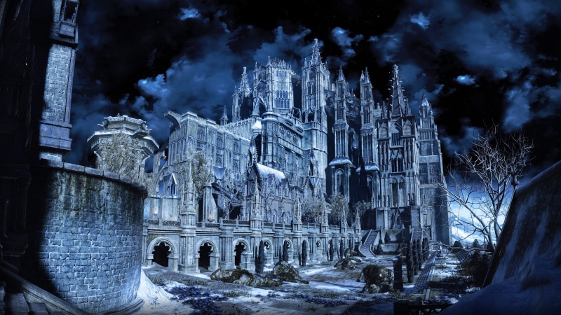 Irithyll, illuminated, travel destinations, gothic style, architecture, the past, religion, Dark Souls III, video games, low angle view, no people, night