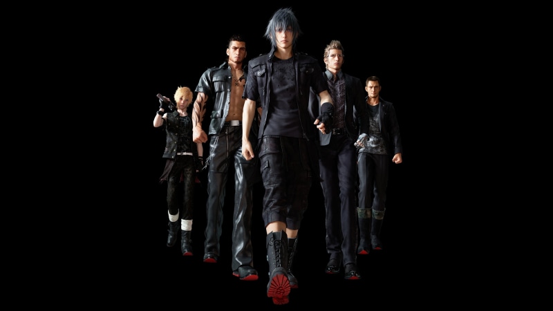 4K, group of people, gun, Final Fantasy XV, handgun, indoors, standing, young adult, young men, front view, black background, video games, males, weapon