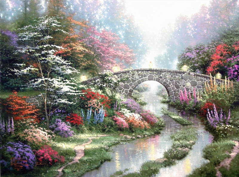 1080P, nature, painting, thomas kinkade, kinkade, 3d and abstract, river, flower, thomas, bridge