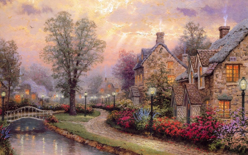 lights, painting, street, light, picture, pictures, cottage, drawings, Lamplight lane, bridge, lighting, Thomas Kinkade, river, lamplight, cottages, 2K