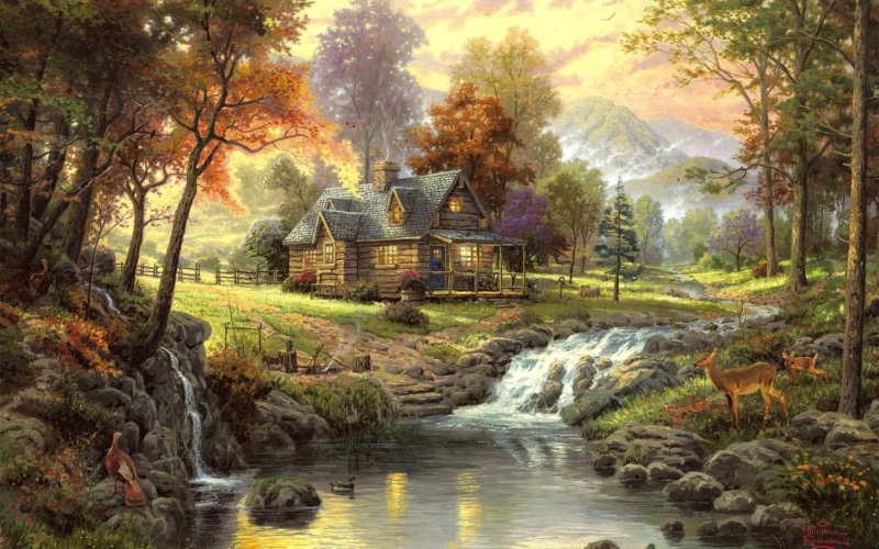 1080P, Thomas, kinkade, landscapes, autumn, animals, Fall, paintings, houses, Deer, rivers, artistic, Trees, nature, waterfalls, mountains, seasonal, architecture