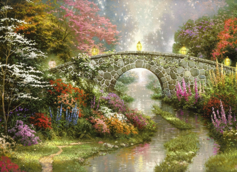 leaf, Thomas Kinkade, flowers, canal, field, intricate Arabesque, built structure, pink Color, gapstow Bridge, gray, autumn, flower, arch bridge, reflection