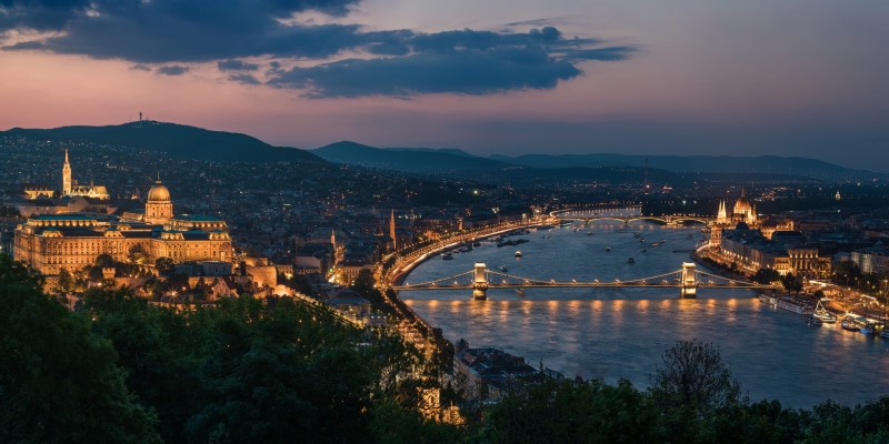 Danube River, 2K, Chain Bridge, the Danube river, bridges, Budapest, Hungary, panorama, night city, Buda Castle, river