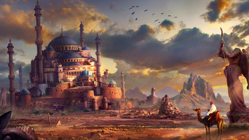 building exterior, spirituality, building, fantasy art, camels, cloud - sky, sky, belief, blue, travel destinations, place of worship, built structure