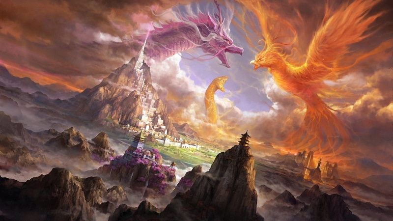 landscape, peaks, dragon, 4K, digital art, art, castle, phoenix, snake, digital