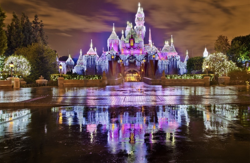 lake, waterfront, reflection, tree, purple, outdoors, tourism, 1080P, religion, Sleeping Beauty Castle, Christmas, castle, spirituality, sleeping, no people