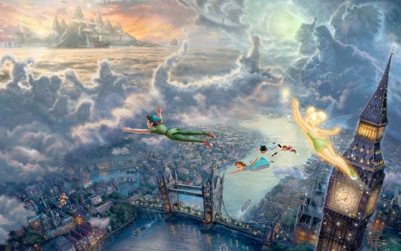 painting, 1080P, drawing, clouds, tower, disney, big, bridge, peter, hd, digital/artwork, tinkerbell, pan, london, ben