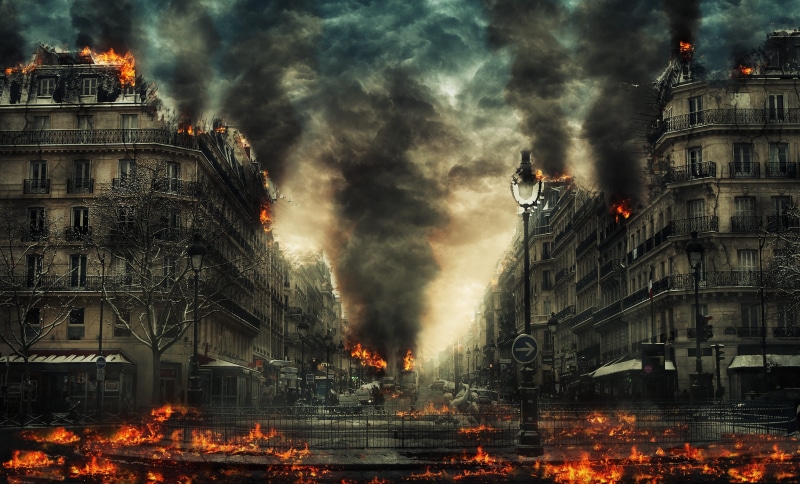 night, nature, force of nature, beside, residential district, cityscape, lamp posts, burning, building, no people, motion, painting, trees, city, sky, outdoors