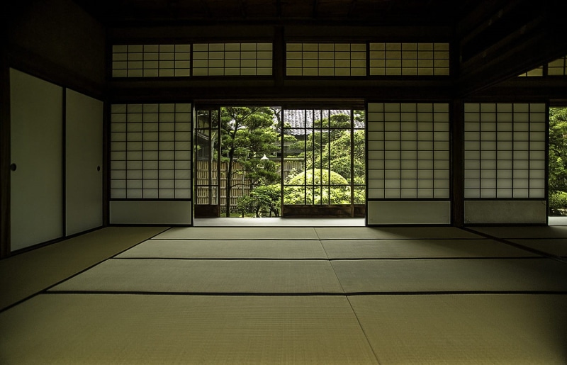 public domain, architecture, indoors, tile, Japanese Room, nature, photo, plant, flooring, built structure, sliding door, japanese, kyoto City, tree, no People