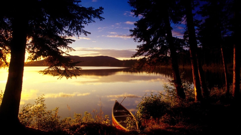 sunset, scenery, natural, 1080P, lake, trees, beautiful natural scenery, boat, beautiful