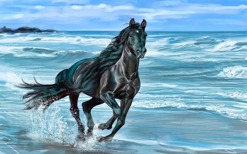 beauty, illustration, beach, hd, brown, sea, nature, 1080P, seashore, black, horse, wave, running, animals