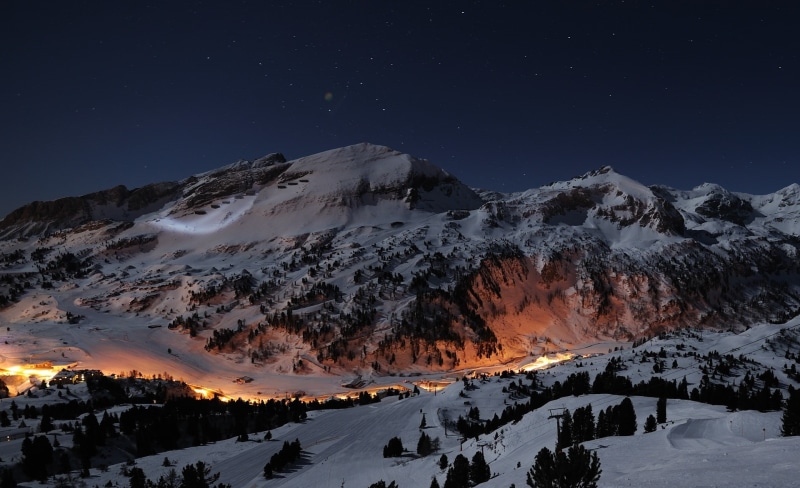 scenics - nature, covered, snow, Night, astronomy, 1080P, nature, idyllic, mountain, tranquil scene, Beautiful, mountain range, sky, space, Seasons, no people