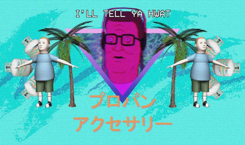 vaporwave, emotion, family, 720P, looking at camera, males, front view, females, western script, men, text, King of the Hill, people, child, group of people
