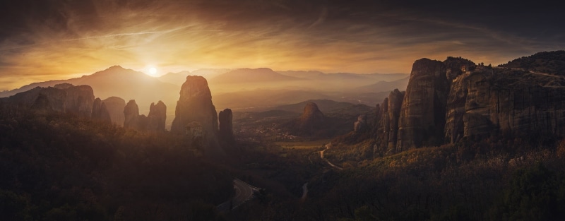 land, Meteora, sky, travel, mist, rock - object, landscape, hills, mountain, cloud - sky, outdoors, rocks, nature, rock, pine tree, solid, monastery, mountains