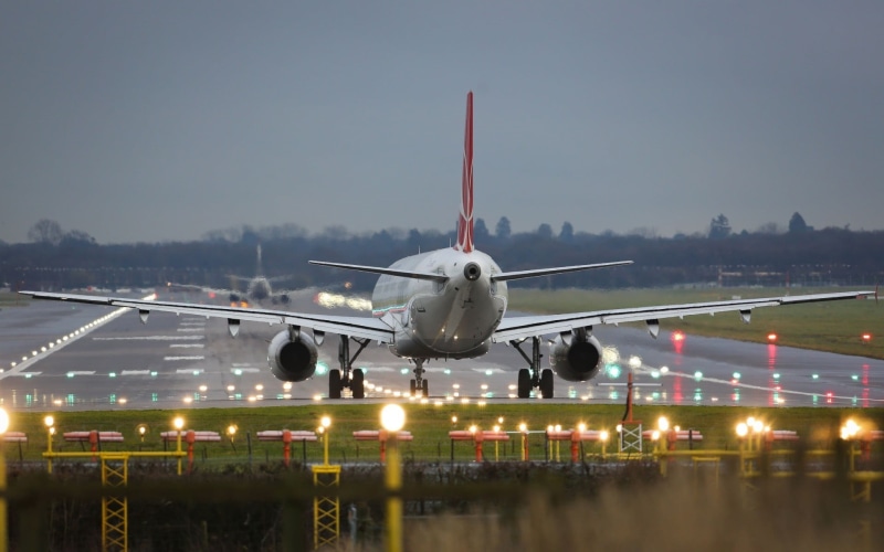 no people, 1080P, motion, airplane, travel, airport, dusk, illuminated, flying, transportation, commercial airplane, public transportation, Turkish Airlines