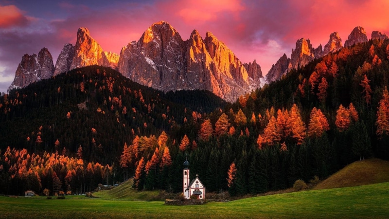 mountain, plant, dolomites, alps, europe, tranquility, sunset, outdoors, nature, mountain peak, land, coniferous tree, south tyrol, wilderness, landscape