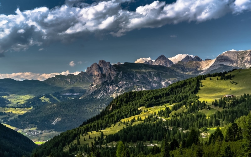 snowcapped mountain, outdoors, tranquil scene, village, trees, non-urban scene, idyllic, coniferous tree, green, Italy, landscape, clouds, Alps, tranquility