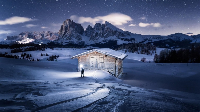 astronomy, no people, ski resort, building, alpe di siusi, mountain village, cold temperature, 1080P, chalet, starry sky, architecture, mountain range
