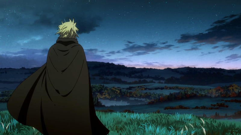 standing, Vinland Saga, Vikings, landscape, clouds, dawn, manga, 1080P, yellow hair, England, stars, hills, Wit Studio, trees, Makoto Yukimura, Thorfinn
