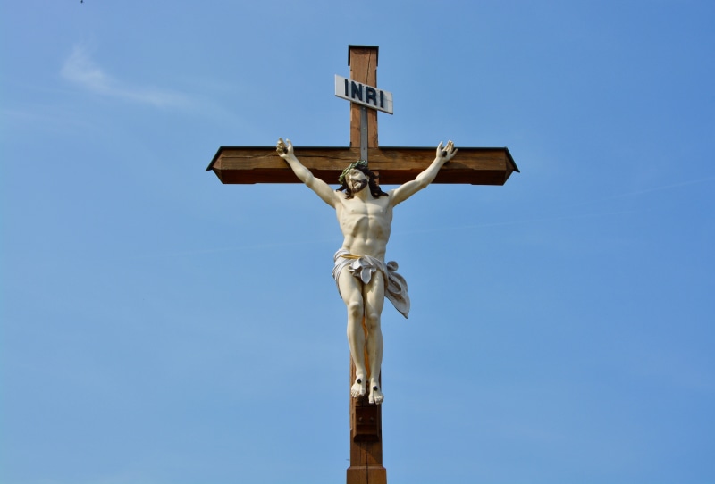 cross, crucifix, spirituality, representation, sky, nature, male likeness, art and craft, statue, religion, no people, low angle view, day, woods cross