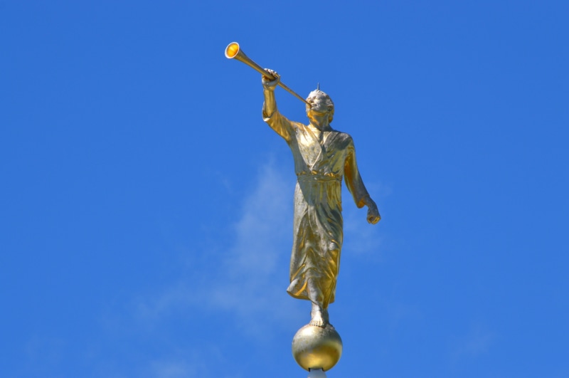 worship, creativity, sky, human representation, day, clear sky, nature, Prophet, religion, church, Moroni, blue, Statue, low angle view, representation