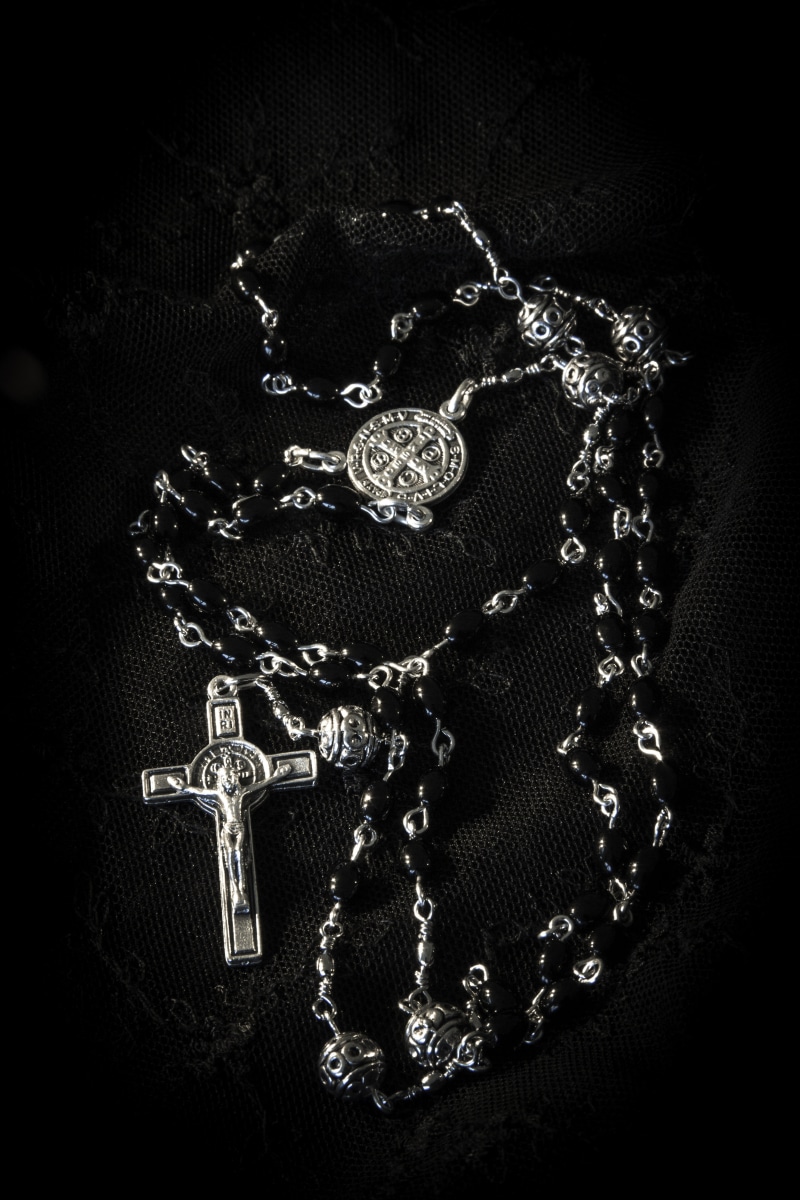 religion, symbol, catholic, rosary, silver colored, pendant, spirituality, studio shot, ornate, cross, earring, still life, metal, belief, praying, christian