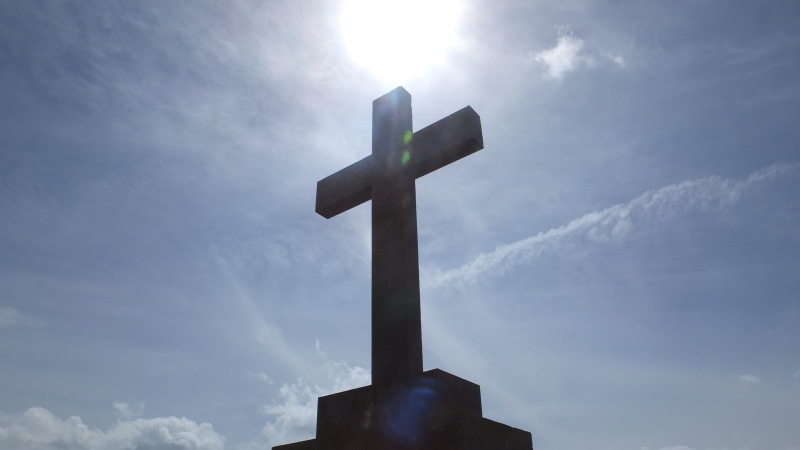 architecture, catholic, sky, cloud - sky, sunlight, 4K, cross, jesus, christianity, religious, holy, christ, sun, no people, low angle view, spirituality