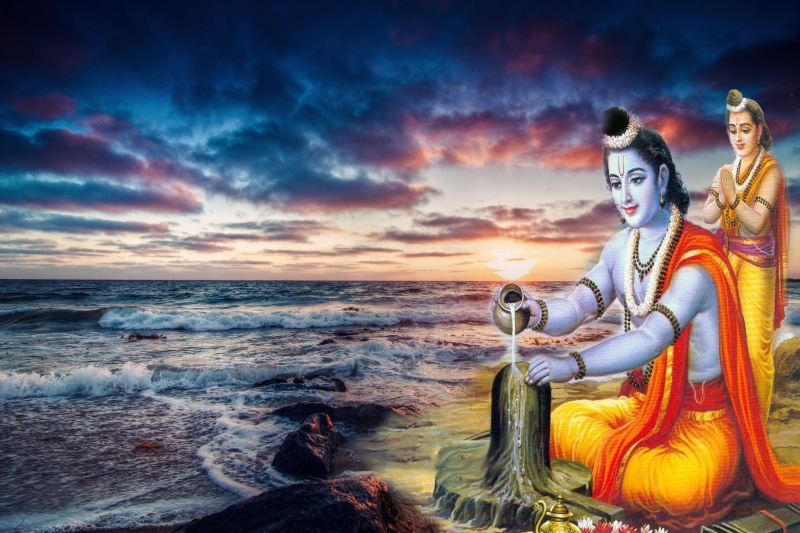 sunset, worship, traditional clothing, beauty in nature, horizon, painting, radha, women, orange color, clothing, God, nature, sky, adult, scenics - nature