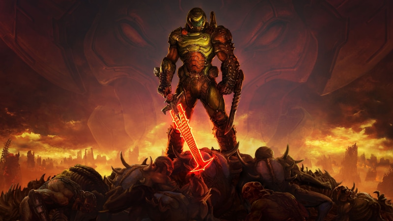 4K, video games, sword, demon, Doom (game), Video Game Horror, DOOM Eternal, Doom (2016), Doom slayer, Doom guy