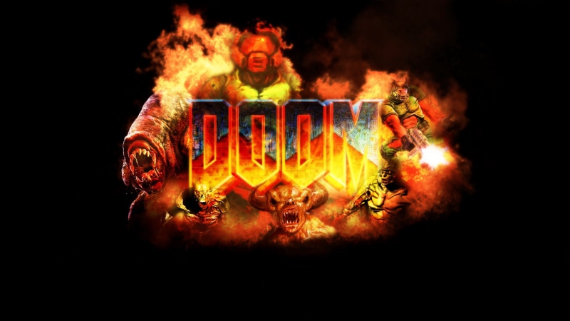 glowing, indoors, celebration, heat - temperature, communication, Doom (game), 1080P, sign, smoke - physical structure, illuminated, food, fire, illustration