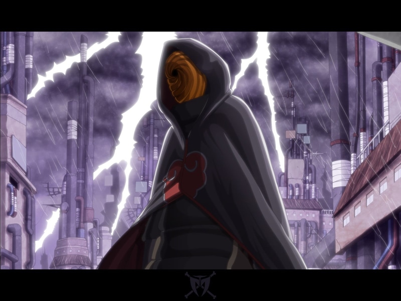 720P, naruto, front view, anime, real people, built structure, standing, Tobi, three quarter length, lifestyles, hood, disguise, waist up, obscured face