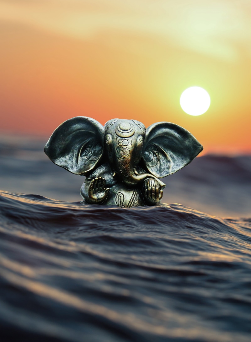 representation, close-up, ganesha, reflection, animal themes, animal wildlife, rippled, selective focus, figurine, sea, nature, outdoors, 2K, motion, water