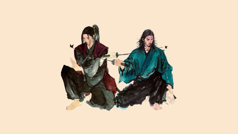 2K, kneeling, martial arts, butterfly, katana, Vagabond, Miyamoto Musashi, long hair, Inoue takehiko, sword, manga, meditation, simple background, beards