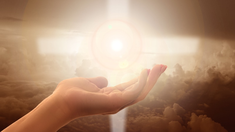 sky, left, glowing, cross, peace, soul, faith, god, human hand, illuminated, pray, spirituality, religion, nature, dom, christ, prayer, heavenly, one person